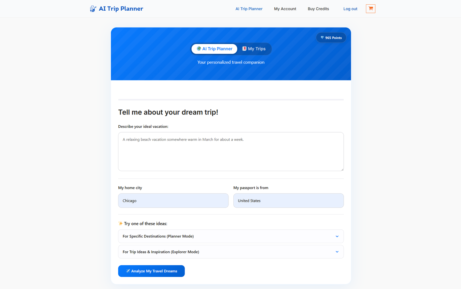 AI Trip Planner interface showing a user typing a vague idea for a trip.